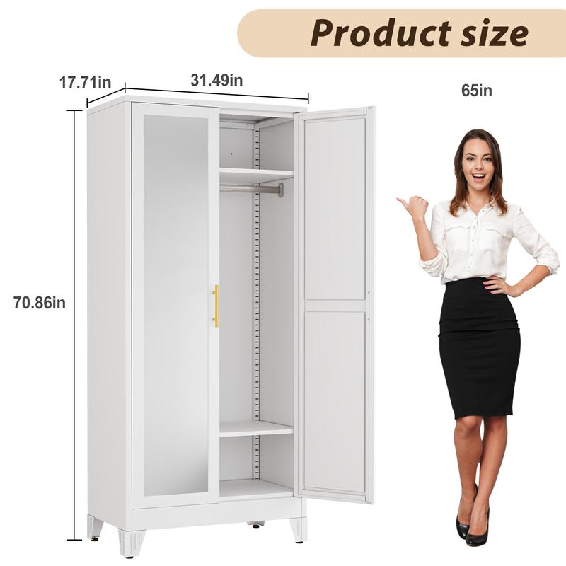 Armario metálico para ropa con espejo, armario de 180 cm con 2 puertas con espejo, estantes ajustables y barra para colgar ropa para dormitorio.