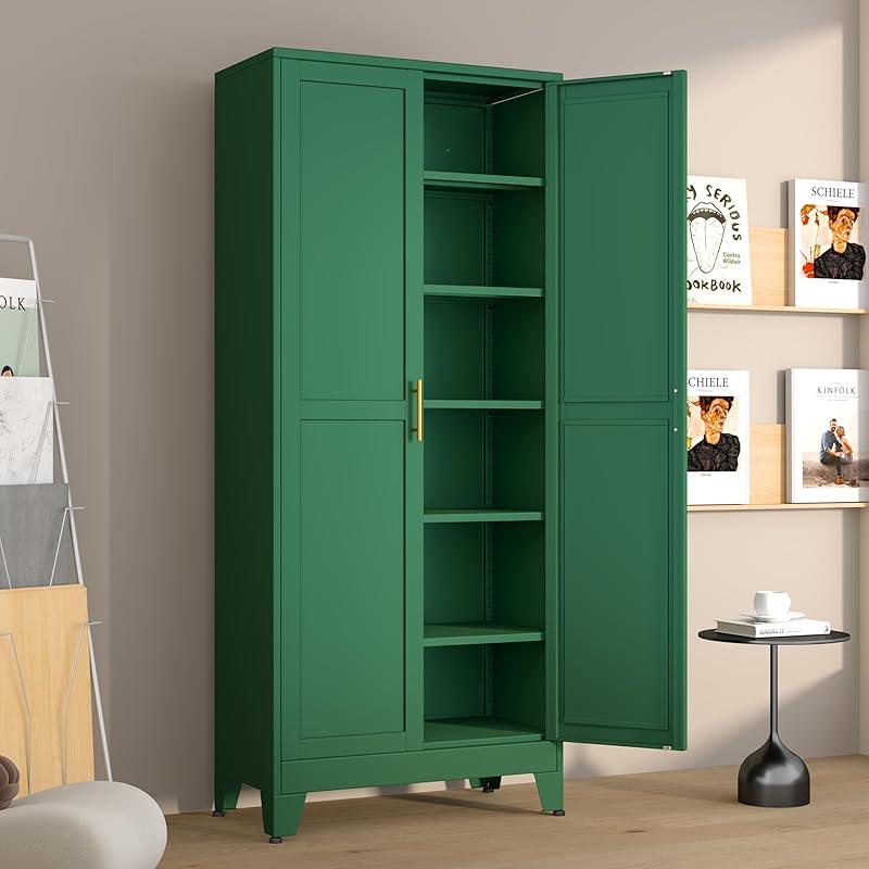 Armario despensa metálico con 2 puertas y 5 estantes ajustables, 190 cm (75"), armarios de almacenamiento de cocina con tiradores dorados, almacenamiento versátil para lavadero, sala de estar, baño, comedor, cuarto de servicio, organizador de muebles para