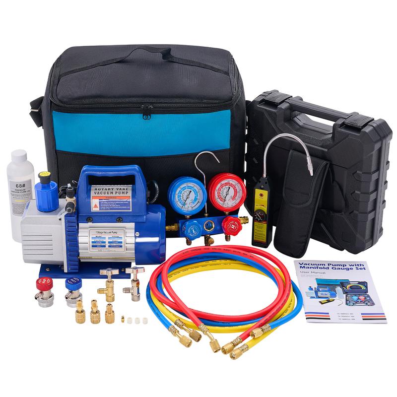 Kit de bomba de vacío de una sola etapa de 110 V, 1/3 HP y 4 CFM con manómetro para R134a, detector de fugas, mangueras de 1/4" y bolsa de transporte para sistemas de climatización, aire acondicionado y refrigeración. Certificación ETL.