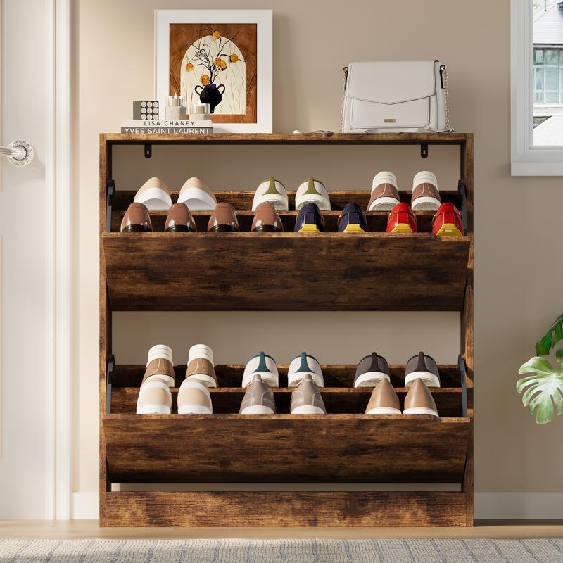 Zapatero ajustable con acabado natural y almacenamiento oculto, zapatero con 3 cajones abatibles, zapatero estrecho, organizador independiente para muebles multifuncionales de tamaño reducido