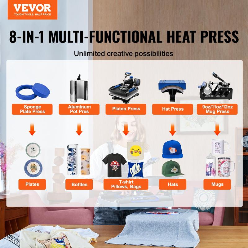 Prensa térmica de 15 x 15 pulgadas, 8 en 1, 800 W, para sublimación, rotación de 360°, función de giro, 8 en 1, para impresión de camisetas, calentamiento de doble tubo para camisetas, gorras y tazas DIY.