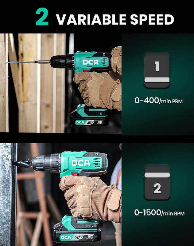 【Garantía de 5 años】Taladro inalámbrico DCA de 20 V, juego de 25 piezas, 28 ft・lb de torque, portabrocas sin llave de 3/8", batería de 2.0 Ah y cargador, 18+1 ajustes de embrague, ideal para bricolaje en el hogar, montaje de muebles, plomería, perforación