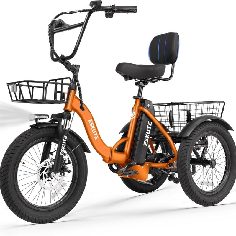 Triciclo eléctrico plegable ESKUTE T300 de fácil acceso para personas mayores, 1200 W de potencia máxima, batería de 624 Wh, neumáticos anchos de 18x3.0, autonomía máxima de 55 millas, diferencial trasero, acelerador con asistencia al pedaleo ajustable, r