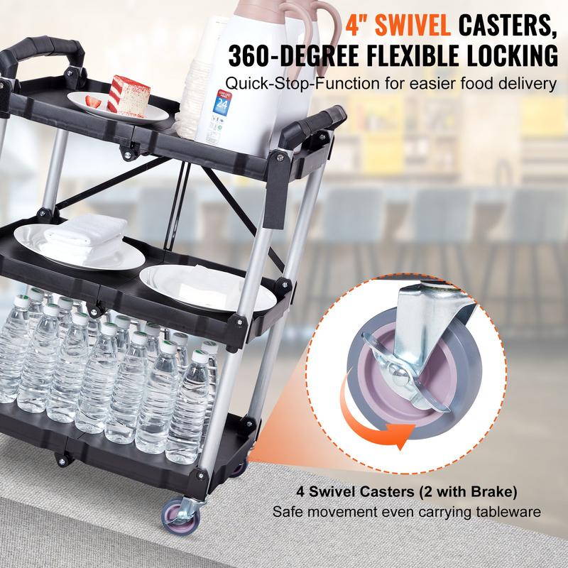 Carro de servicio móvil VEVOR de PVC resistente con 3 estantes - Capacidad de 75 kg, ruedas giratorias con bloqueo, asa ergonómica, soporte plegable con ruedas, estantes organizadores estables, ideal para artículos del hogar, hoteles y almacenes.