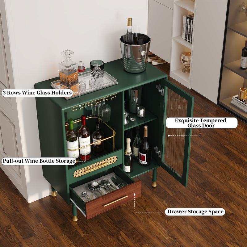 Mueble bar HLR verde esmeralda con detalles dorados, detalles de ratán, almacenamiento de doble zona de 94 cm y cajón extraíble: muebles de estilo clásico para apartamentos, muebles para estudios, ideal para quienes disfrutan del entretenimiento en casa,