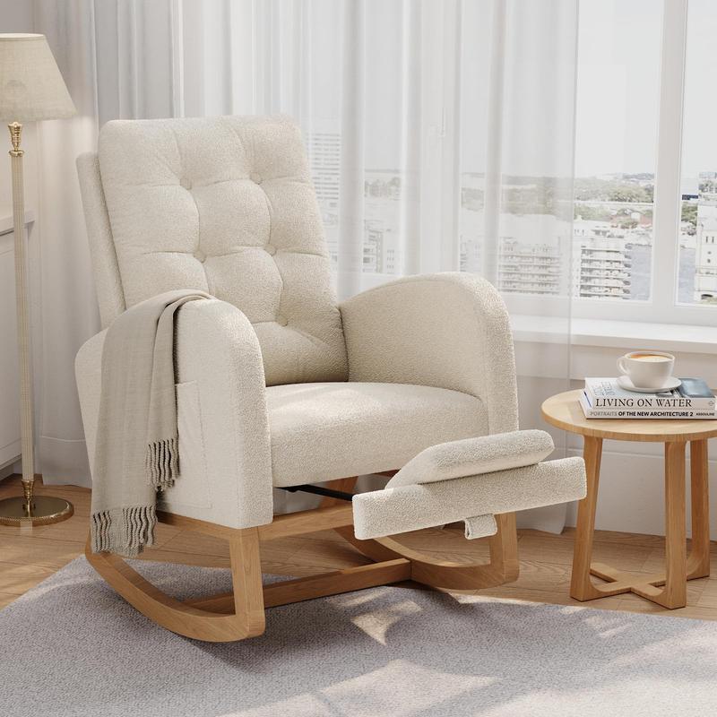 Mecedora reclinable moderna para guardería con carga USB, sillón mecedora tapizado de estilo mediados de siglo con respaldo alto, bolsillo lateral y patas de madera resistentes para cuarto de lactancia, dormitorio o sala de estar.