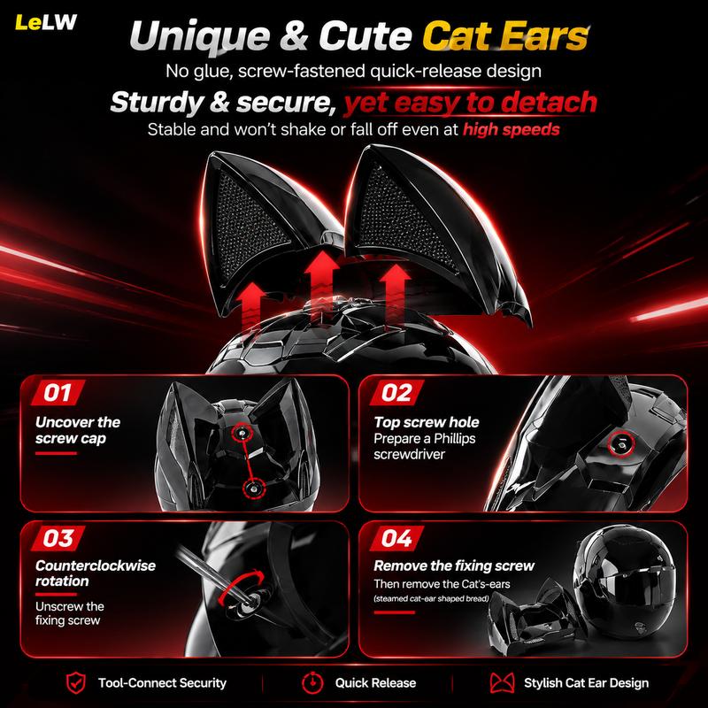 Casco de moto LeLW con orejas de gato, bonito casco integral para mujeres y hombres, casco de seguridad con certificación DOT, doble visera, forro extraíble y lavable, compatible con Bluetooth, sistema de ajuste regulable, incluye bolsa para el casco.