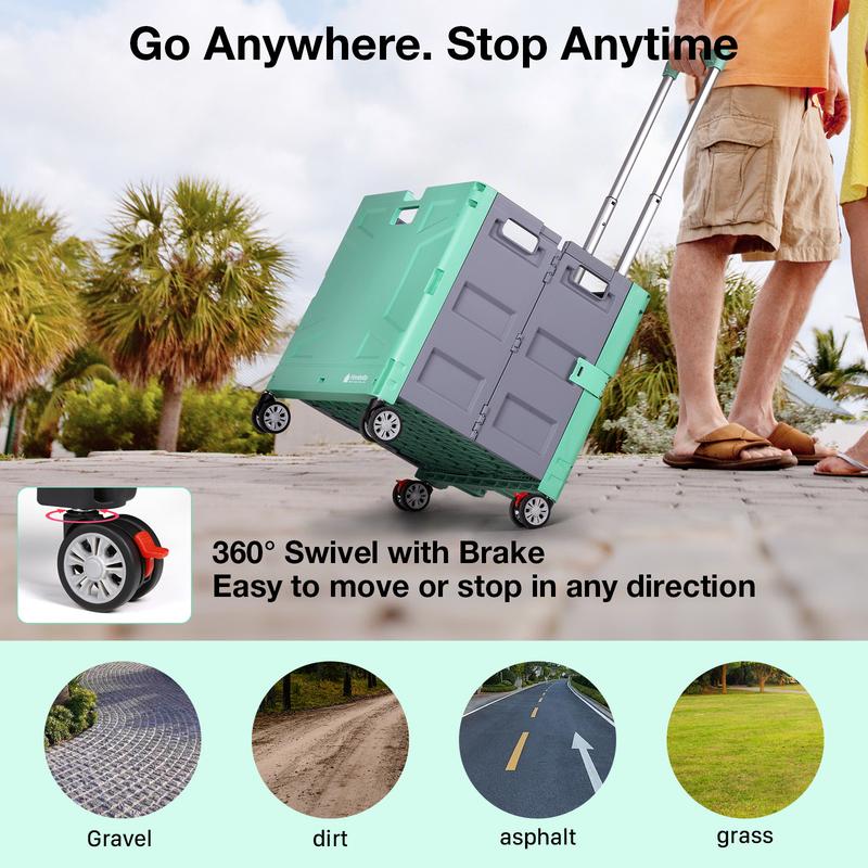 Carrito portátil Hombetta Green, carrito plegable con ruedas, tapa y ruedas, carrito de almacenamiento que ahorra espacio con capacidad para 75 kg (165 libras) para compras, equipo de camping, viajes y uso diario. Carrito plegable tipo carro.