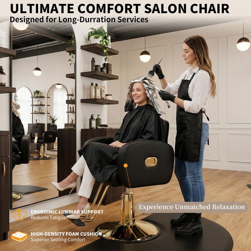 Silla de salón ergonómica dorada con cómodos cojines acolchados, silla de estilista resistente con estructura de acero, elegante silla de peluquería con tapicería de cuero, capacidad de peso de 200 kg (440 lbs).