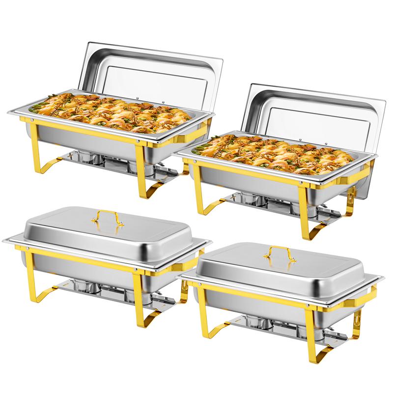 Paquetes de 2/4 calentadores de alimentos dorados para buffet, juego de calentadores de alimentos de alta calidad de 9 cuartos de galón, juegos de calentadores de alimentos rectangulares de acero inoxidable para fiestas, bodas y catering.