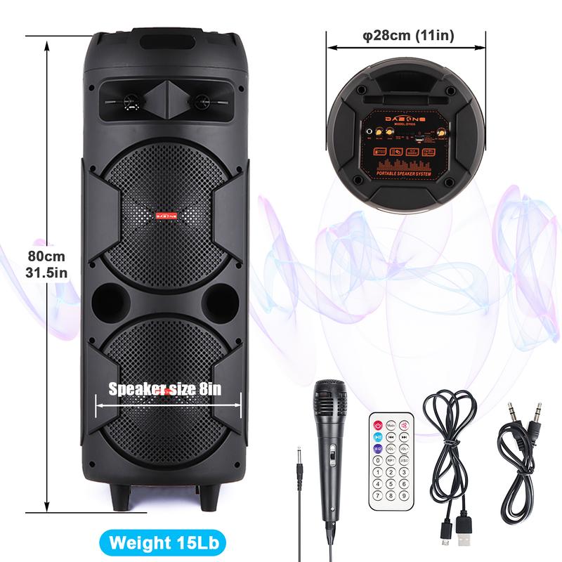 Altavoz inalámbrico doble de 8 pulgadas, sistema de altavoces portátil para fiestas, estéreo Bluetooth, woofer de 2x8", TWS, recargable, radio FM, control remoto, micrófono, iluminación LED y USB.