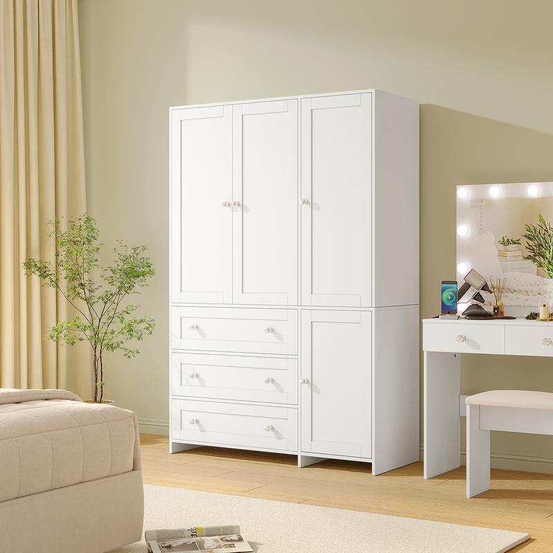 【Entrega en 2 paquetes】VOWNER Armario de madera, mueble de almacenamiento con 3 puertas y barra para colgar ropa, ideal para dormitorio. Armario alto independiente de gran capacidad con estantes.