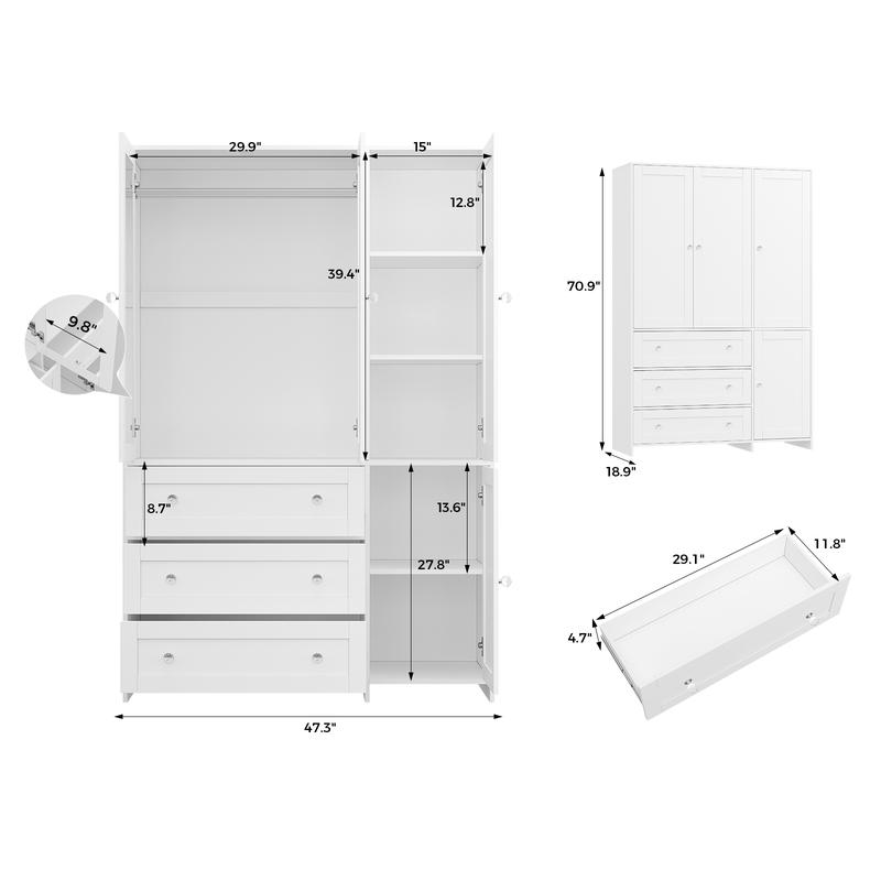 【Entrega en 2 paquetes】VOWNER Armario de madera, mueble de almacenamiento con 3 puertas y barra para colgar ropa, ideal para dormitorio. Armario alto independiente de gran capacidad con estantes.