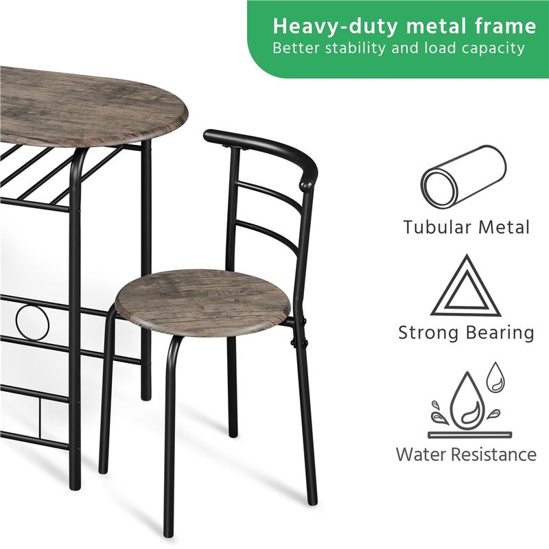 Juego de mesa de comedor de 3 piezas, mesa de cocina y sillas para 2 personas con patas de acero y estante de almacenamiento para cocina, apartamento o espacio pequeño.