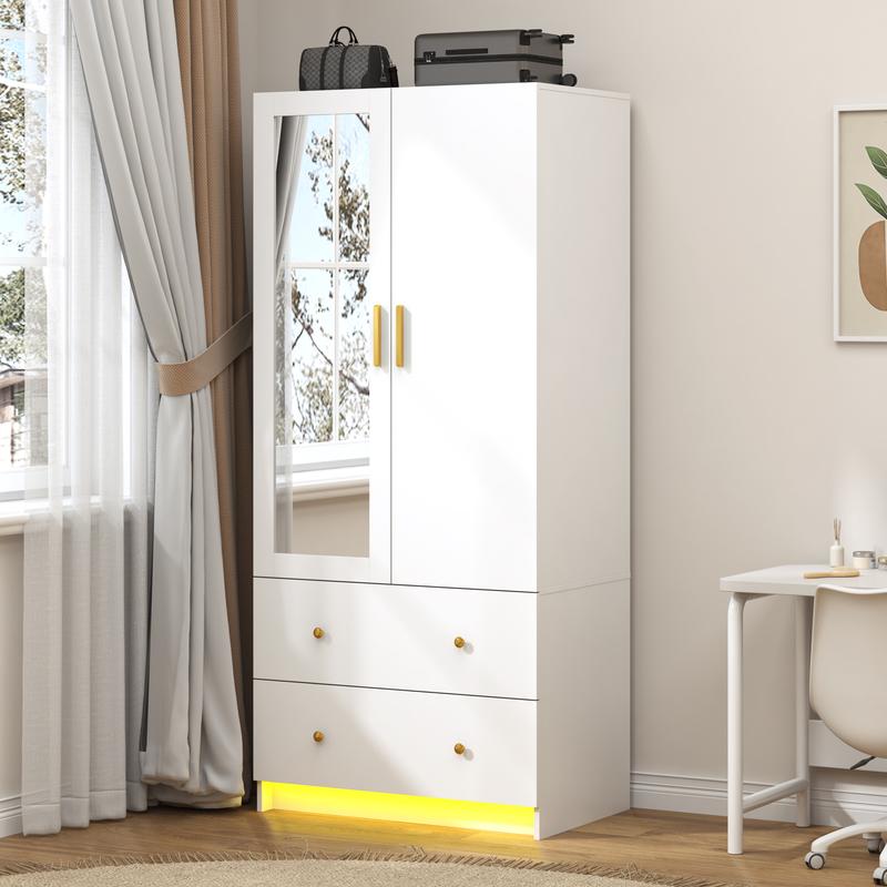 Armario moderno de 2/3 puertas con espejo, 2 cajones y luces LED RGB, armario con barra para colgar ropa para almacenamiento en el dormitorio, artículos esenciales para dormitorios, decoración del hogar