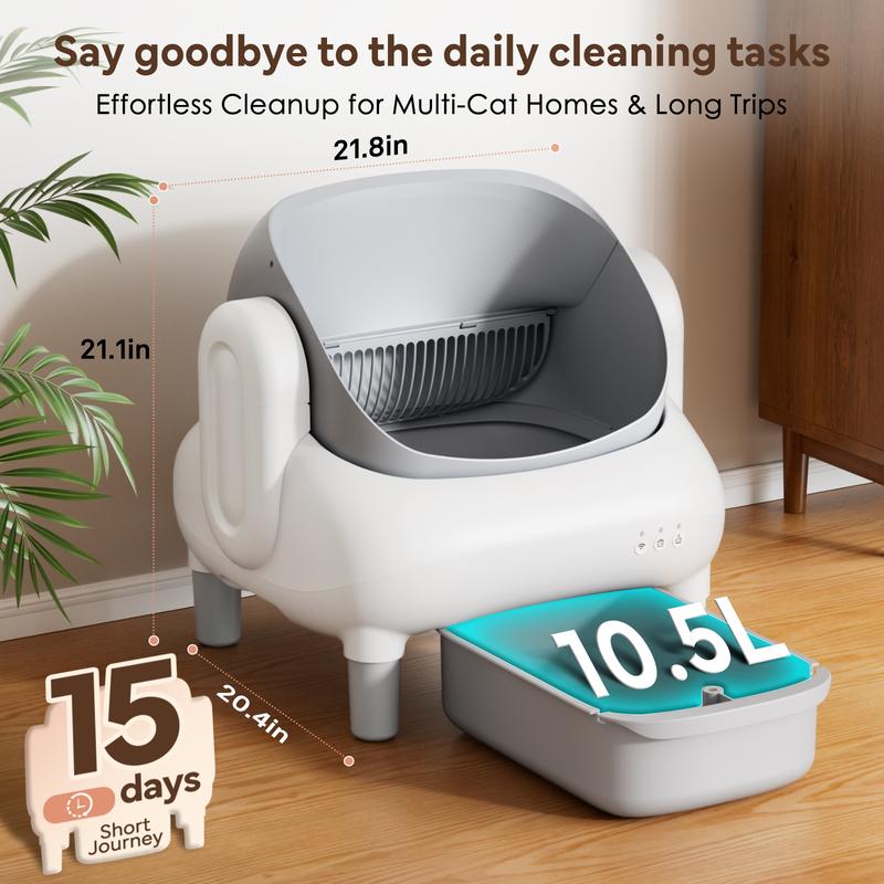 Arenero automático FUMOI para hogares con varios gatos: autolimpiable con tapa abierta, control por aplicación, solo WiFi 2.4G, sensores de seguridad de doble capa, bloqueo de olores, contenedor de residuos grande de 10.5L, alertas instantáneas, reducción
