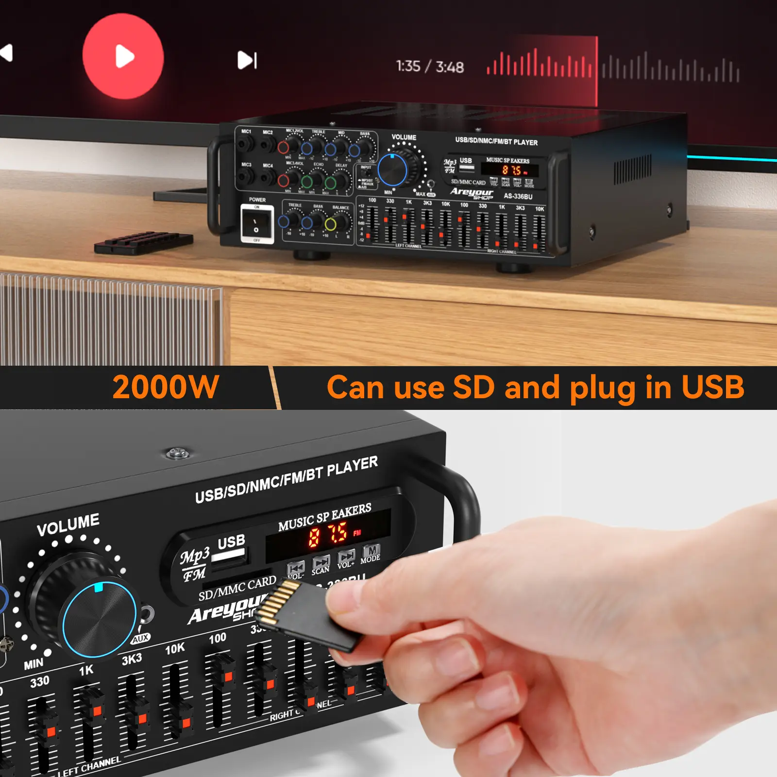 Amplificador de potencia estéreo HiFi Bluetooth 5.0 con mando a distancia y 4 entradas de micrófono; compatible con uso doméstico y en coche; funciones de mezclador, radio, subwoofer y audio para smartphones; universal, con karaoke, FM, USB, SD y AUX.