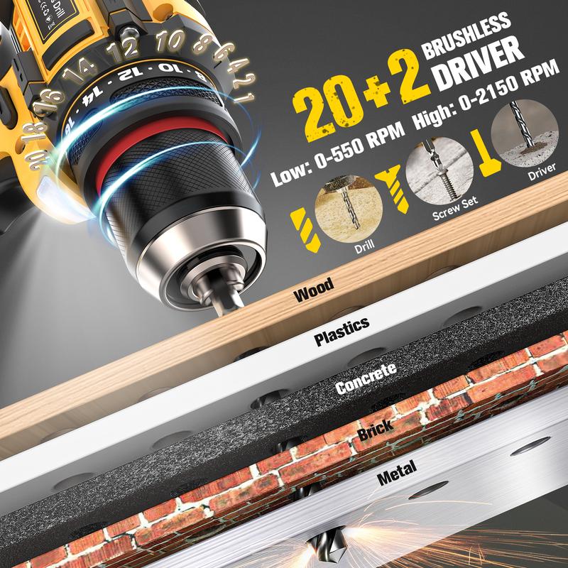 Kit combinado de taladro inalámbrico y atornillador de impacto compatible con baterías DeWalt/Milwaukee, atornillador sin escobillas de 1/4" y taladro eléctrico de 3/8" con luz LED. Regalo ideal para el Día del Padre.