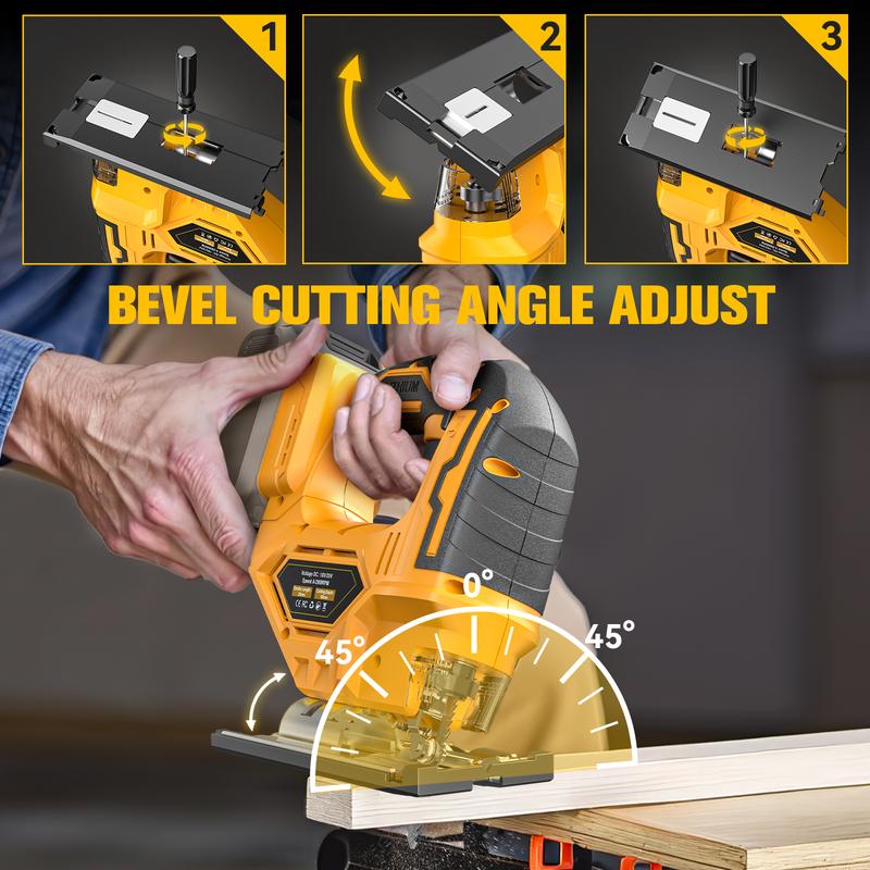 Sierra de calar inalámbrica compatible con batería Dewalt de 20 V (¡¡SIN BATERÍA!!), herramienta de sierra de calar sin escobillas, 2900 RPM, bisel de 0° a 45°, 3 acciones orbitales, luz LED para corte recto/curvo. Herramienta eléctrica para la vuelta al 