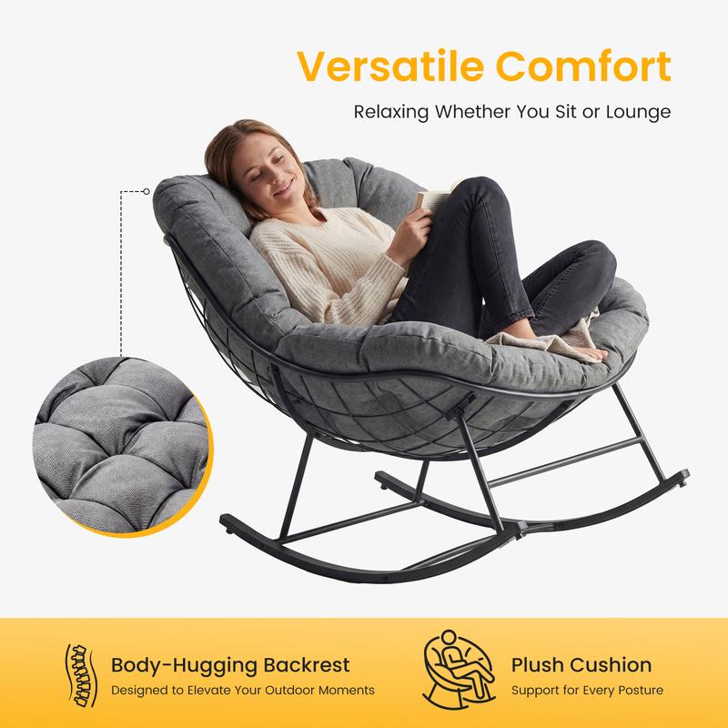 Silla mecedora tipo huevo extragrande y resistente Sweetcrispy con cojín, capazo de soportar hasta 204 kg (450 lbs), apta para todo tipo de clima, ideal para patio, jardín o sala de estar.