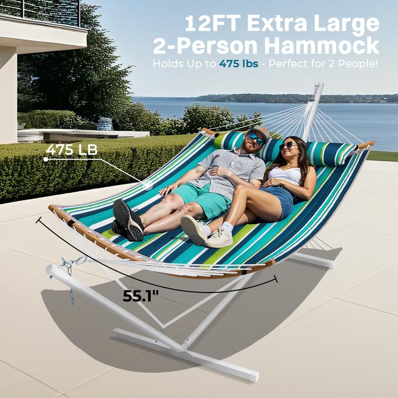 Hamaca doble portátil SUPERJARE de tela ajustable a rayas con soporte, hamaca acolchada de algodón y poliéster de alta resistencia de hasta 204 kg (450 lbs), almohada desmontable, barra curva resistente, bolsa de transporte portátil, ideal para decoración