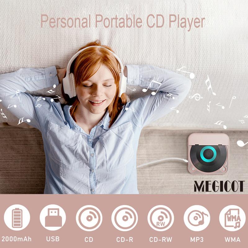 Reproductor de CD inalámbrico recargable Bluetooth 5.3 MEGICOT - Reproductor de audio multiformato con batería de 2000 mAh, controles de botón, función de retención de altavoz, pantalla LED, puerto USB, compatibilidad con auriculares, bloqueo de teclas, r