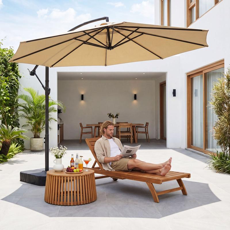Sombrilla de patio voladiza Docred de alta resistencia con base incluida, sombrilla de exterior de 3 metros con rotación de 360° e inclinación infinita, conjuntos de muebles de patio, toldo teñido en hilo resistente a la decoloración, estructura de acero