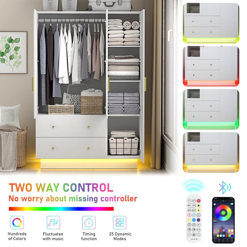 Armario moderno de 2/3 puertas con espejo, 2 cajones y luces LED RGB, armario con barra para colgar ropa para almacenamiento en el dormitorio, artículos esenciales para dormitorios, decoración del hogar