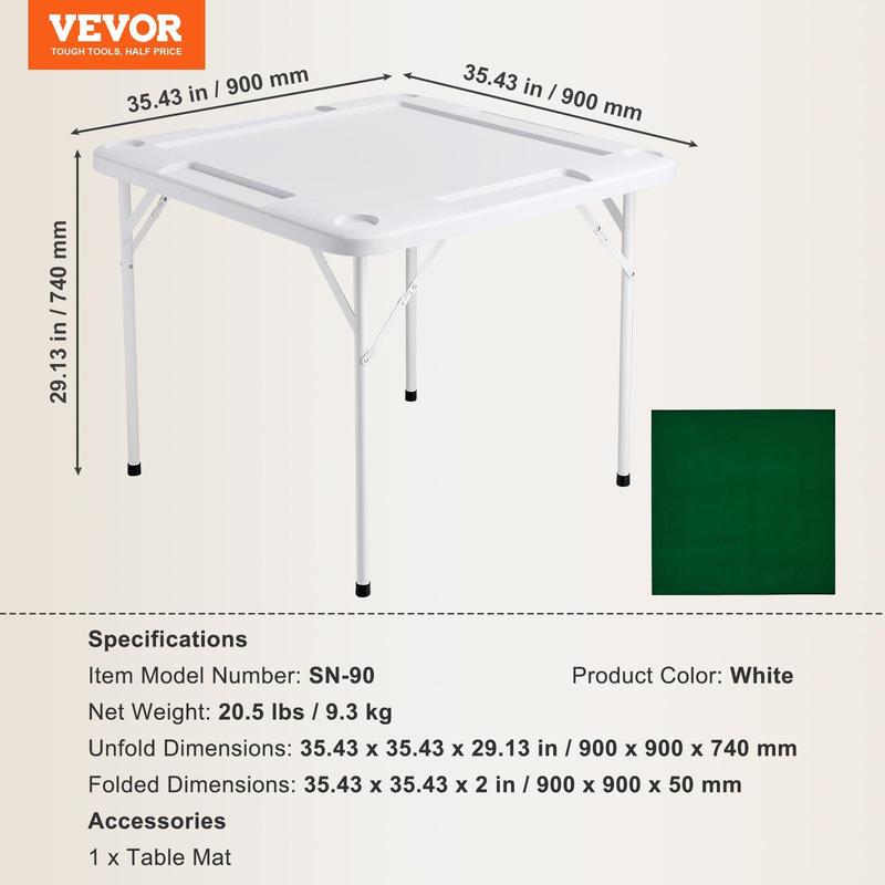 Mesa de Mahjong VEVOR, cuadrada, plegable, para 4 jugadores, con 4 portavasos y 4 bandejas para fichas, mesa de juego de dominó portátil con 1 juego de dominó para Mahjong, póker y rompecabezas, 90 x 90 cm, blanca.