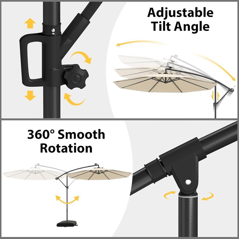 Sombrilla de patio solar giratoria de 360° de 3 metros, sombrilla de exterior con brazo lateral descentrado, fácil ajuste de inclinación, manivela y base en cruz para piscina, terraza, jardín o patio trasero.