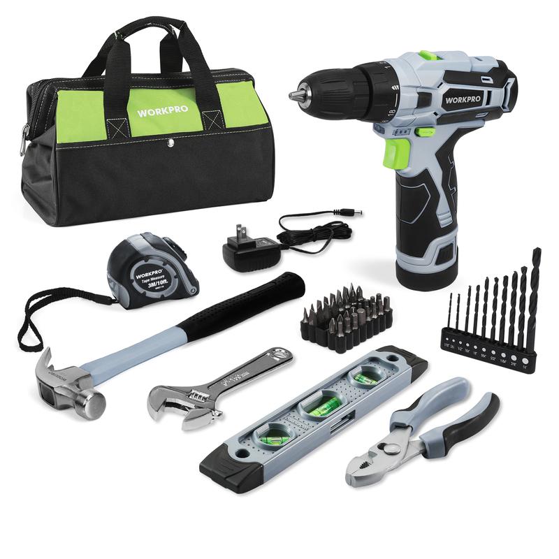#rebajasdeverano WORKPRO Taladro atornillador inalámbrico rosa de 12 V y kit de herramientas para el hogar, juego de herramientas manuales para bricolaje y mantenimiento del hogar, incluye bolsa de almacenamiento de 35 cm - Cinta rosa