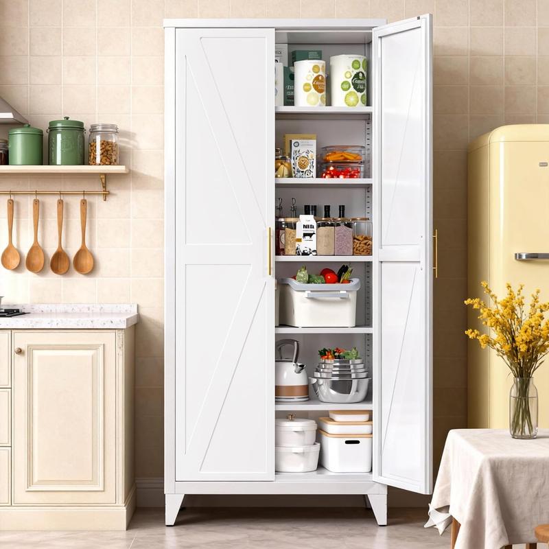 Armario despensa metálico de 190 cm de alto con puertas, armario despensa de cocina estilo rústico con 5 estantes ajustables para cocina, sala de estar, requiere montaje, blanco, 40 cm de profundidad x 80 cm de ancho x 190 cm de alto