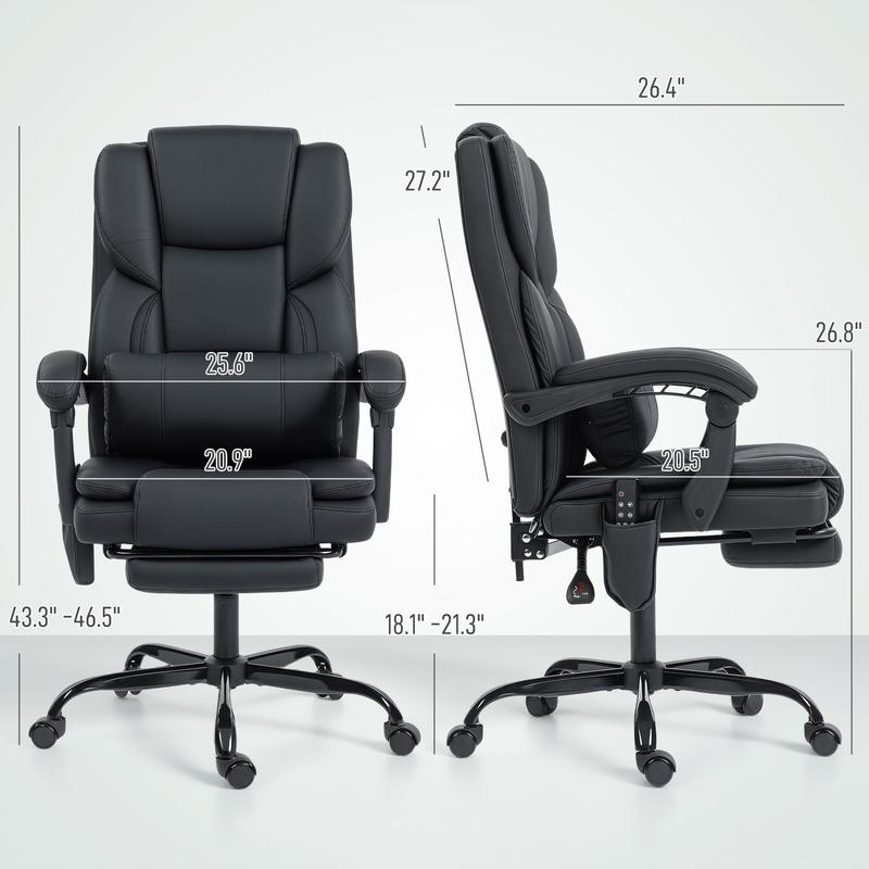 Sillón de oficina con masaje y vibración de 6 puntos, sillón reclinable acolchado con respaldo alto, tapizado en cuero sintético, reposapiés, cojín de muelles grueso, soporte lumbar, altura ajustable y ruedas giratorias.