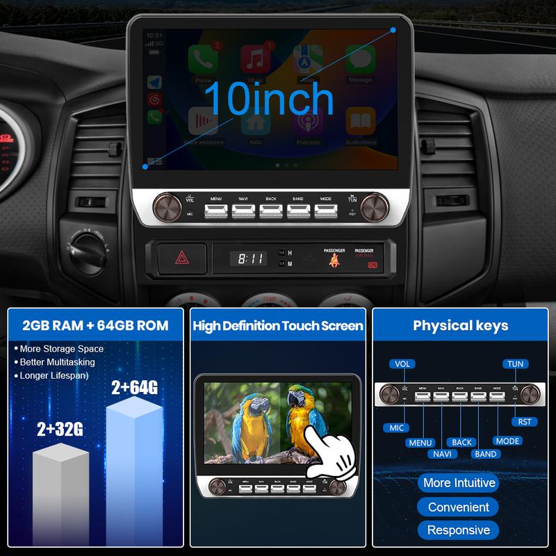Autoestéreo para Toyota Tacoma 2005-2015, radio con pantalla táctil de 10.1 pulgadas con Android Auto, CarPlay inalámbrico, Bluetooth y WIFI, compatible con navegación GPS, accesorios para automóvil