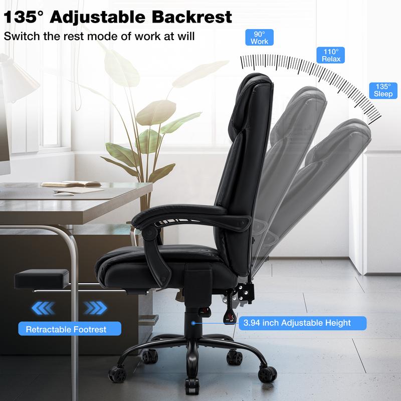 Silla de oficina con masaje HOFFREE de 181 kg con reposapiés, vibración de 6 puntos, ergonómica, ejecutiva, reclinable, con respaldo alto, color negro.
