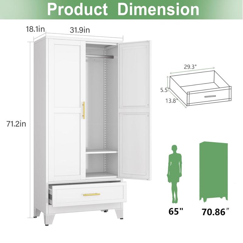 Armario metálico de 180 cm (71"), blanco, para dormitorio, con espejo, 1 cajón, estantes ajustables y barra para colgar ropa. Armario de acero independiente con espejo, ideal para dormitorio y habitación de invitados.