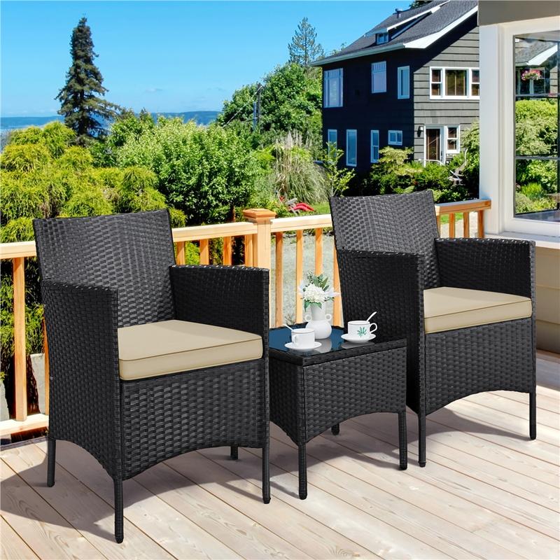 Conjunto de muebles de patio Yaheetech de 3 piezas, conjunto de muebles de ratán para exteriores, 2 sillas con cojines y 1 mesa auxiliar para bistró/porche/jardín/terraza/patio, decoración del hogar, artículos esenciales para acampar.