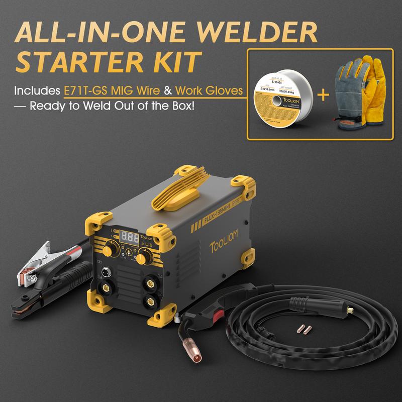 Soldadora MIG sin gas TOOLIOM FLUX-135-MINI de 110 V - Máquina de soldadura 3 en 1 de 135 A con núcleo fundente/TIG/electrodo revestido para principiantes, soldadora portátil con alimentador de alambre inverter, incluye guantes y alambre E71T-GS.