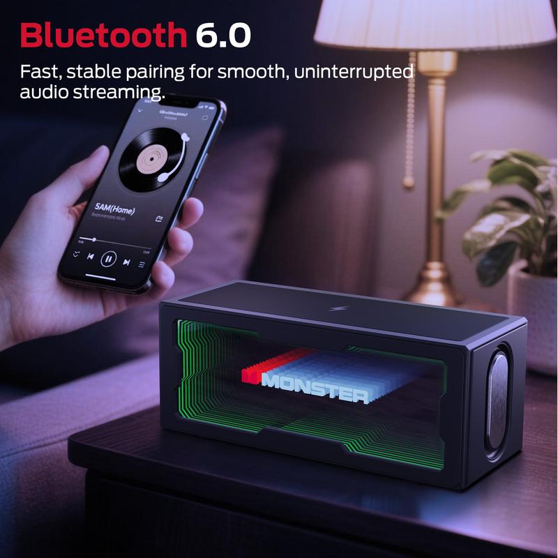 Altavoz Bluetooth portátil compacto Monster S280 con sonido estéreo de 40 W, Bluetooth 6.0, espectáculo de luces LED 3D, estación de carga inalámbrica, llamadas manos libres, compatibilidad con USB/AUX/tarjeta TF, almohadilla ajustable para dispositivos, 