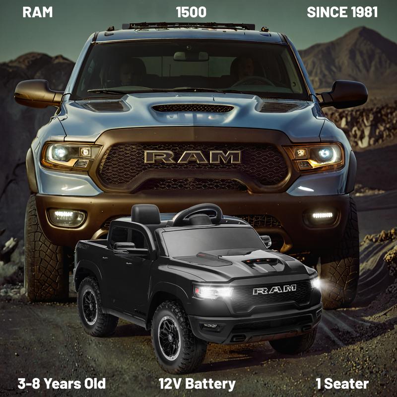 Primer coche eléctrico infantil Dodge RAM 1500 con control remoto, suspensión en las 4 ruedas, cinturón de seguridad de 5 puntos, Bluetooth MP3, luces LED, juguete eléctrico para niños de 3 a 6 años, el mejor regalo de Navidad para niños, Black Friday