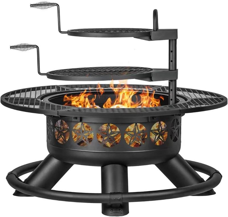 Brasero de exterior de 119 cm con 2 parrillas, brasero de barbacoa extragrande para exteriores, brasero redondo de metal con tapa y atizador, chimenea de exterior de leña 3 en 1 para patio trasero, terraza o fogata.