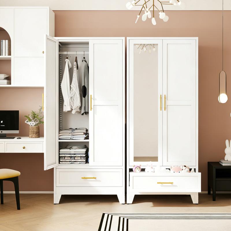 Armario metálico de 180 cm (71"), blanco, para dormitorio, con espejo, 1 cajón, estantes ajustables y barra para colgar ropa. Armario de acero independiente con espejo, ideal para dormitorio y habitación de invitados.