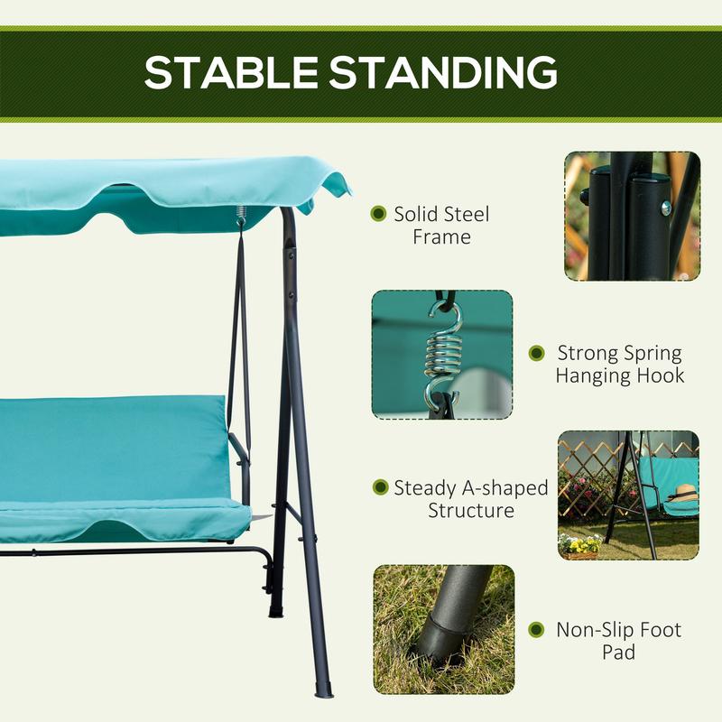 Silla colgante de exterior de 3 plazas para patio con cojín extraíble, estructura de acero y toldo inclinable ajustable para patio, jardín, piscina, balcón o terraza.