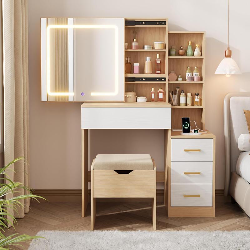 Tocador con espejo y luces, conjunto de mesa y silla de tocador con 4 cajones y estación de carga, tocador con espejo deslizante LED, color natural y blanco.