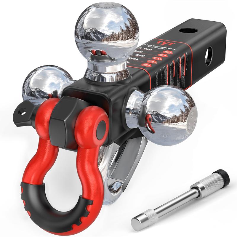Enganche de remolque TYT ajustable de alta resistencia con tres bolas, compatible con receptores de 2 pulgadas, tres bolas (1-7/8", 2", 2-5/16"), soporte de bola sólido con gancho y grillete de remolque, pasador de bloqueo antirrobo, capacidad de carga to