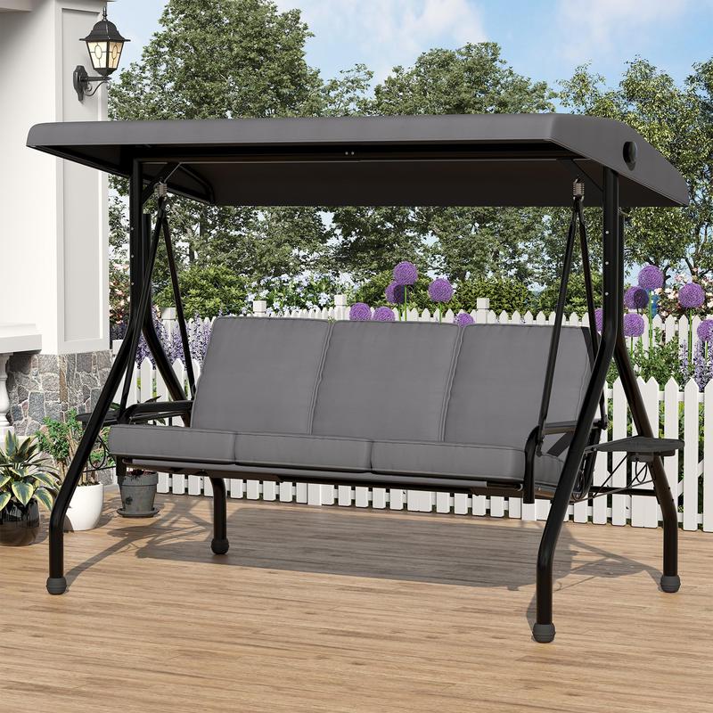 Silla colgante de exterior de 3 plazas con respaldo y toldo ajustables, cojines gruesos extraíbles, portavasos, estructura de acero resistente a la intemperie, banco sofá para patio, jardín, terraza o balcón, color marrón.