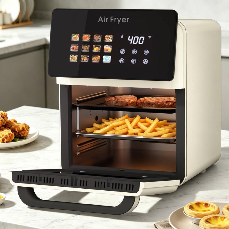 Horno freidora de aire XL Pro de 10 litros con función de parrilla integrada para encimera de cocina, horno de convección inteligente 12 en 1, freidora de aire con ventana de cristal, cesta antiadherente, revestimientos para freír, puerta extraíble - Blan