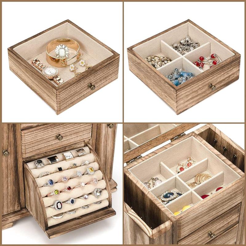 Caja de joyería Emfogo para mujer, cajas y organizadores de joyería de madera rústica con espejo, caja organizadora de joyería de 4 niveles para anillos, pendientes, collares y pulseras.