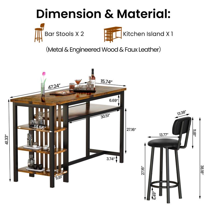 Juego de 3 mesas y sillas de bar AWQM, mesa moderna de imitación mármol blanco con 2 taburetes de bar con cojines de PU, mostrador de cocina con estantes de almacenamiento de 3 niveles, mesa que ahorra espacio para el hogar y la cocina, marco negro, juego
