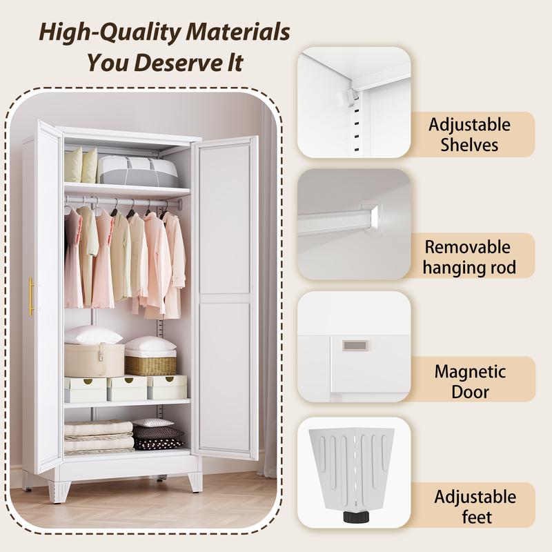 Armario metálico para ropa con espejo, armario de 180 cm con 2 puertas con espejo, estantes ajustables y barra para colgar ropa para dormitorio.